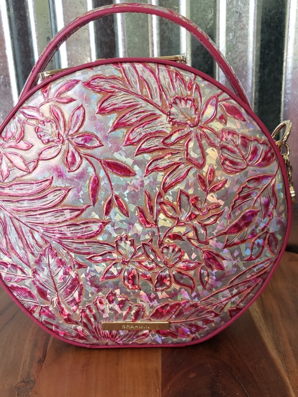 Pink Floral Holographic Round Top-Handle Bag